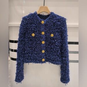 Elegant Blue Metallic Tweed Jacket with Gold Buttons
